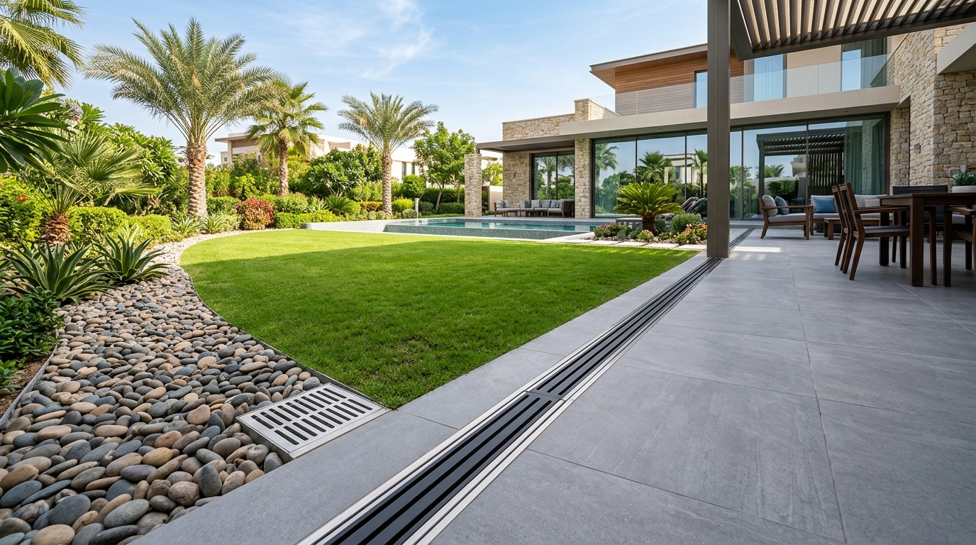 Modern Landscape Drainage and Subsurface French Drain in Dubai Villa Garden